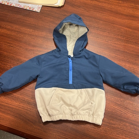Color-Block Hooded 1/2 Zip Windbreaker Pullover - Navy and Khaki - Picture 2 of 6